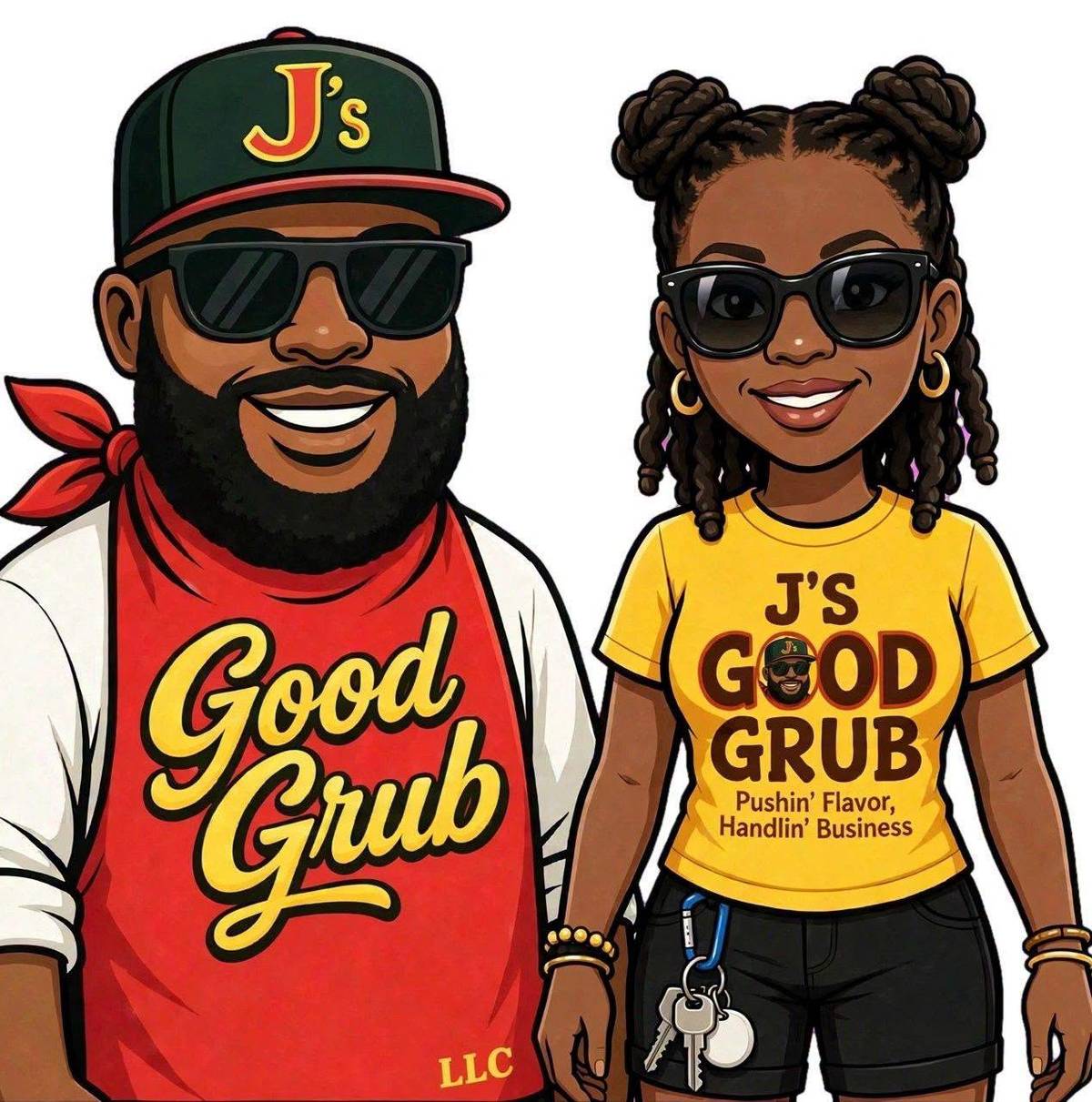 J’s Good Grub logo featuring cartoon portraits of the owners