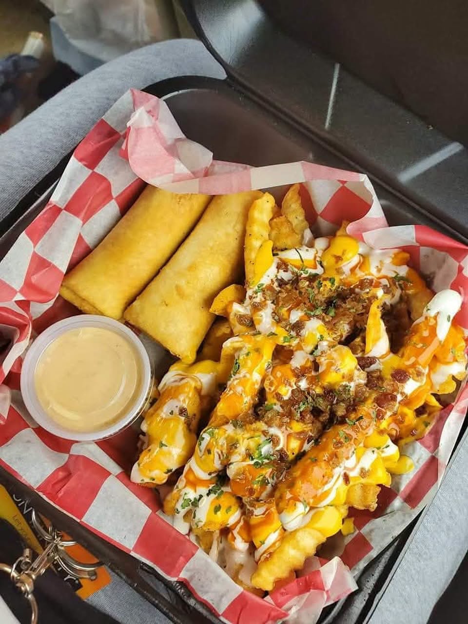Loaded fries with egg rolls from J’s Good Grub