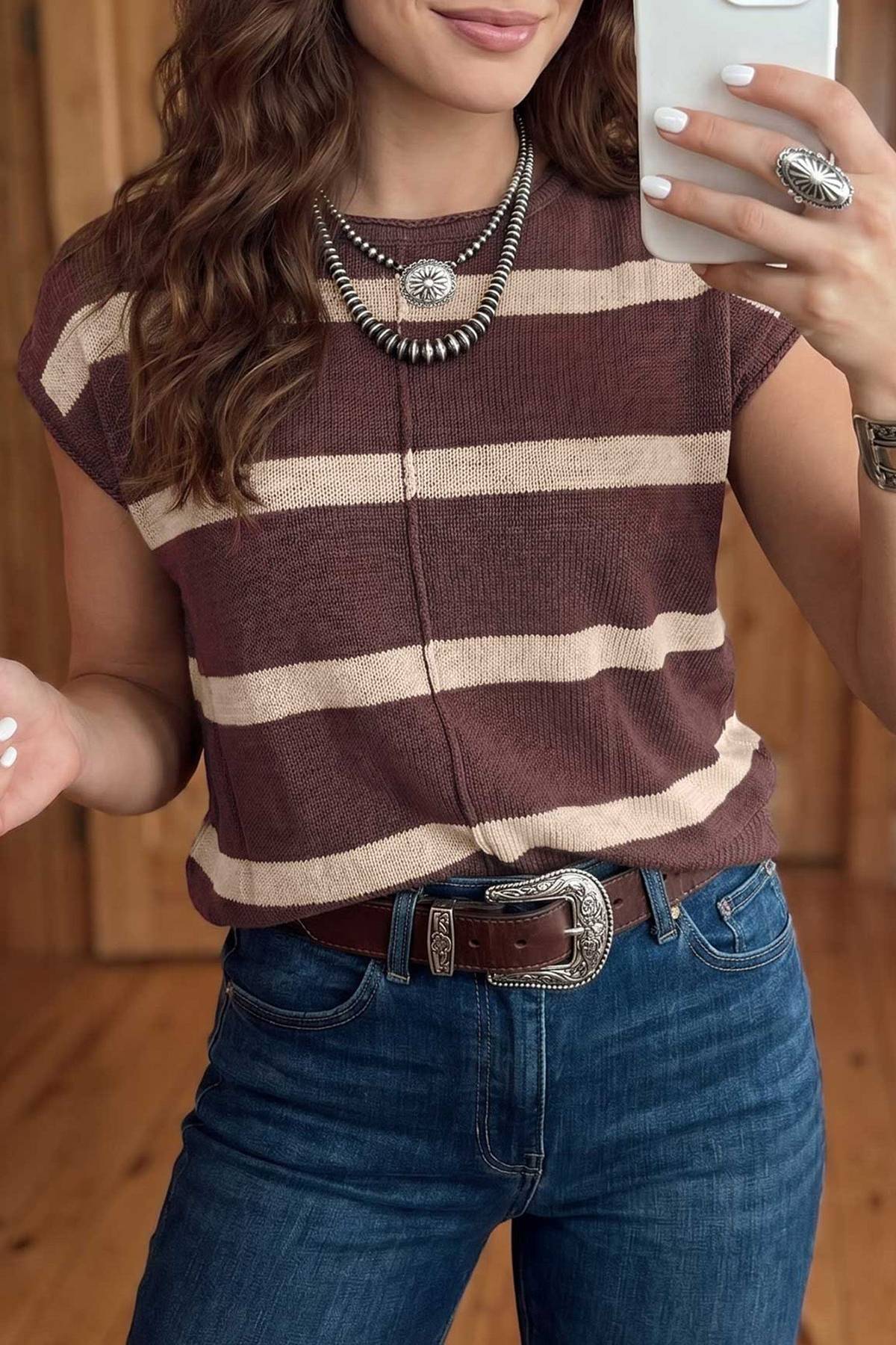 Brown and tan striped short-sleeve sweater from Andy and JoJo