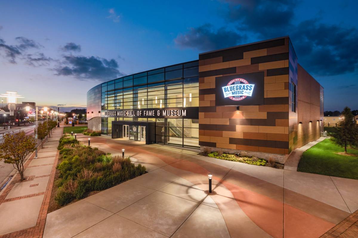 Bluegrass Music Hall of Fame and Museum exterior at twilight