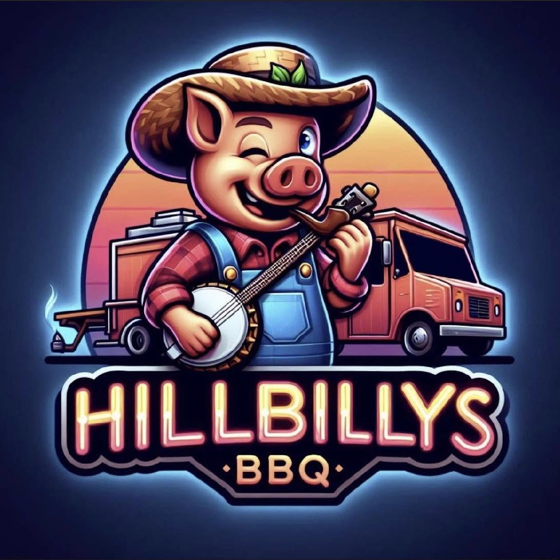 Hillbilly's BBQ logo with a cartoon pig playing banjo beside a food truck