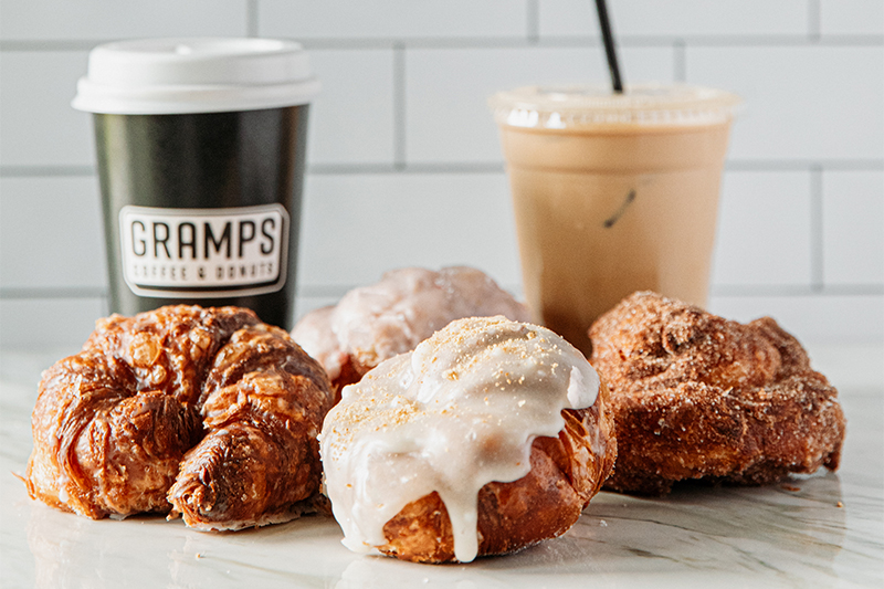 Croissant-style donuts with hot and iced coffee from Gramps Coffee and Donuts
