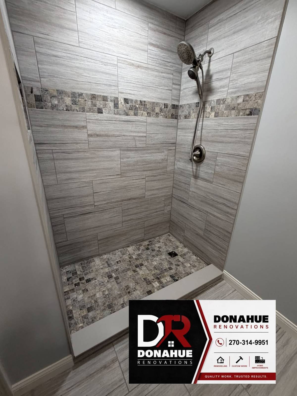 Finished walk-in tile shower by Donahue Renovations